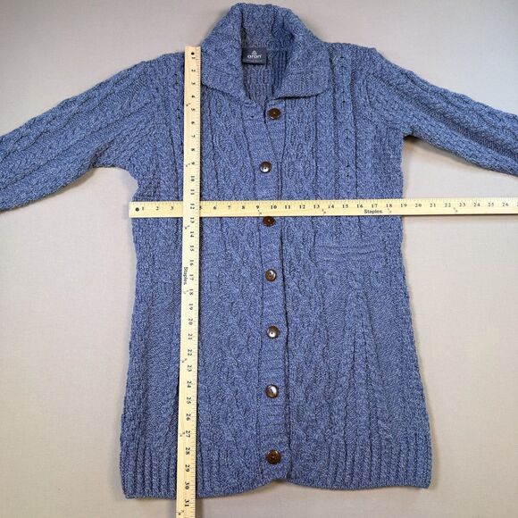 ARAN Womens Long Fisherman Cardigan Duster Ireland Merino Wool XL Cable Knit - Picture 6 of 6